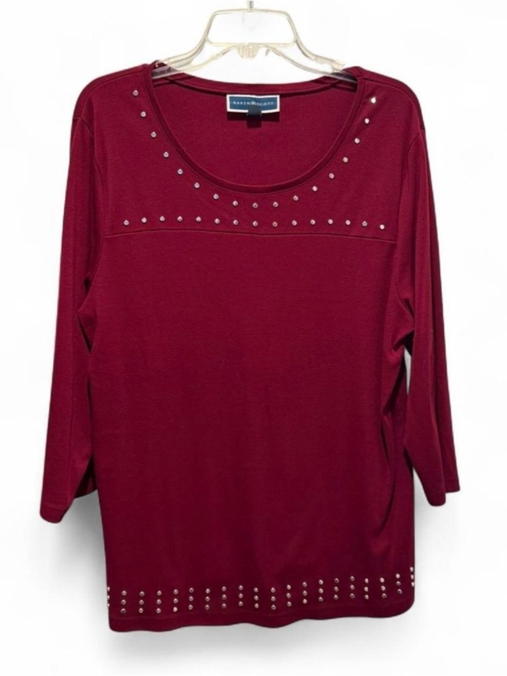 Karen Scott Wine Long Sleeve Scoop Neck Top with Silver Stud Accents